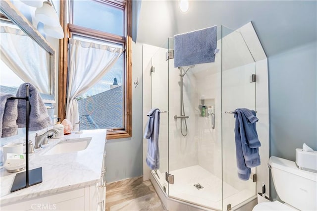 26525 Carancho Rd, Temecula, CA 92590 - bathroom with toilet, a shower stall, and vanity