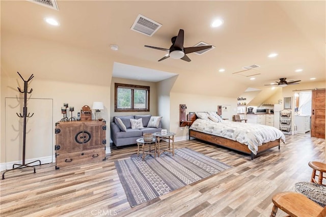 26525 Carancho Rd, Temecula, CA 92590 - bedroom with light wood-style floors, baseboards, recessed lighting, lofted ceiling, and ceiling fan