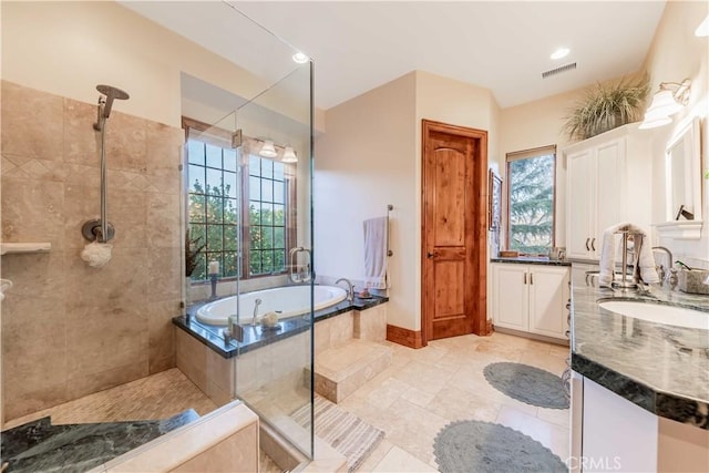 26525 Carancho Rd, Temecula, CA 92590 - bathroom with vanity, tiled shower, a bath, and tile patterned floors