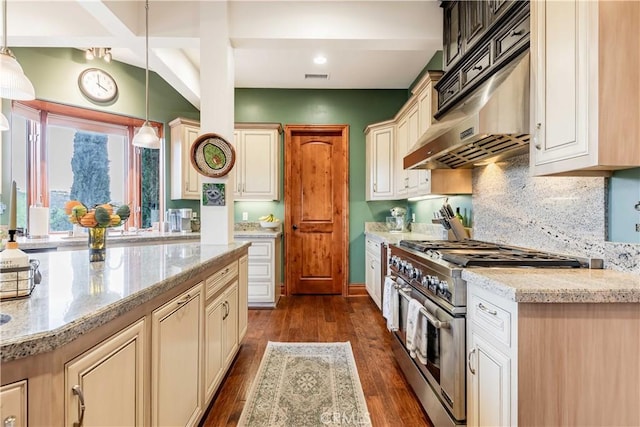 26525 Carancho Rd, Temecula, CA 92590 - kitchen featuring stainless steel range, under cabinet range hood, decorative light fixtures, dark wood-type flooring, and tasteful backsplash