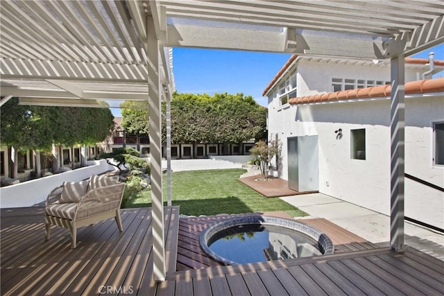 17805 Winterberry St, Fountain Valley, CA 92708 - wooden terrace featuring a pergola, a jacuzzi, and a lawn