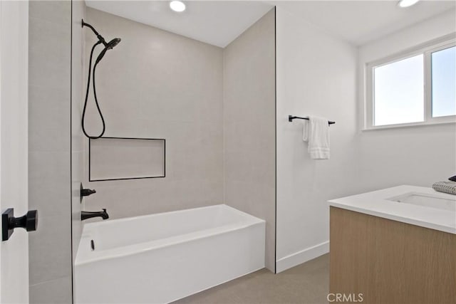 17805 Winterberry St, Fountain Valley, CA 92708 - bathroom featuring vanity, tub / shower combination, recessed lighting, and baseboards