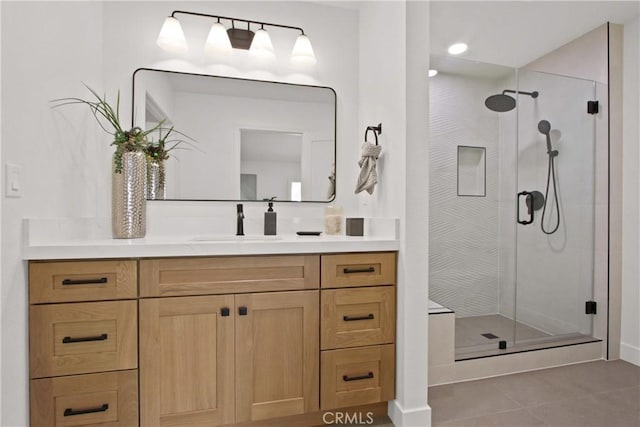 17805 Winterberry St, Fountain Valley, CA 92708 - full bath featuring vanity, a stall shower, and tile patterned flooring