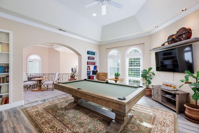 30801 Via Conquista, San Juan Capistrano, CA 92675 - rec room featuring arched walkways, billiards table, built in shelves, wood finished floors, and crown molding