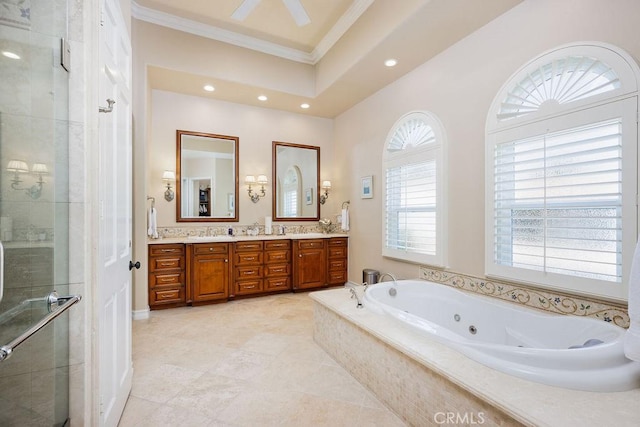 30801 Via Conquista, San Juan Capistrano, CA 92675 - bathroom featuring crown molding, double vanity, a shower stall, a jetted tub, and recessed lighting