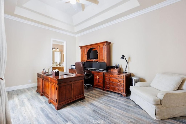 30801 Via Conquista, San Juan Capistrano, CA 92675 - office featuring a raised ceiling, a ceiling fan, light wood-type flooring, and baseboards