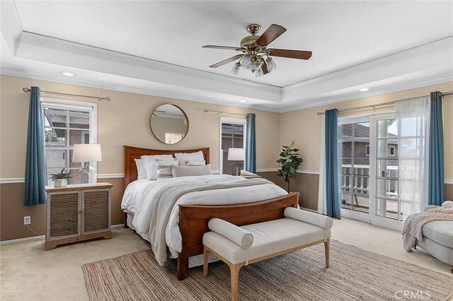 435 Orlena Ave, Long Beach, CA 90814 - bedroom featuring a tray ceiling, light carpet, ornamental molding, multiple windows, and recessed lighting