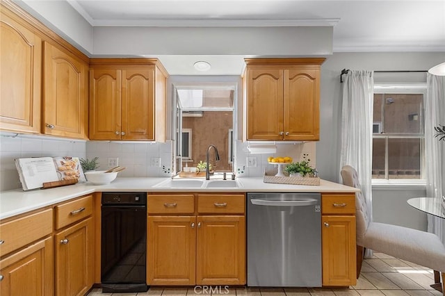 435 Orlena Ave, Long Beach, CA 90814 - kitchen featuring stainless steel dishwasher, a sink, tasteful backsplash, light tile patterned flooring, and light countertops