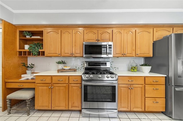 435 Orlena Ave, Long Beach, CA 90814 - kitchen with stainless steel appliances, light countertops, tasteful backsplash, and crown molding