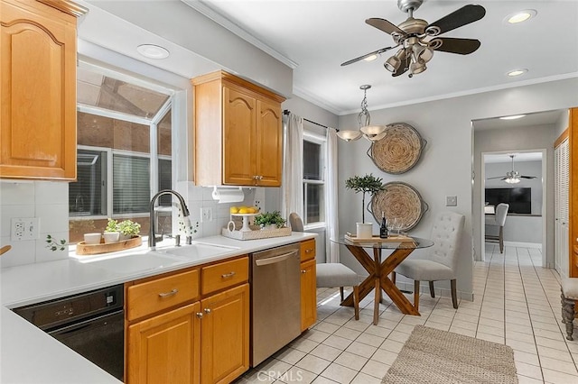 435 Orlena Ave, Long Beach, CA 90814 - kitchen featuring ceiling fan, stainless steel dishwasher, a sink, crown molding, and light countertops