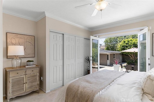 435 Orlena Ave, Long Beach, CA 90814 - bedroom featuring light carpet, crown molding, a closet, a ceiling fan, and access to outside
