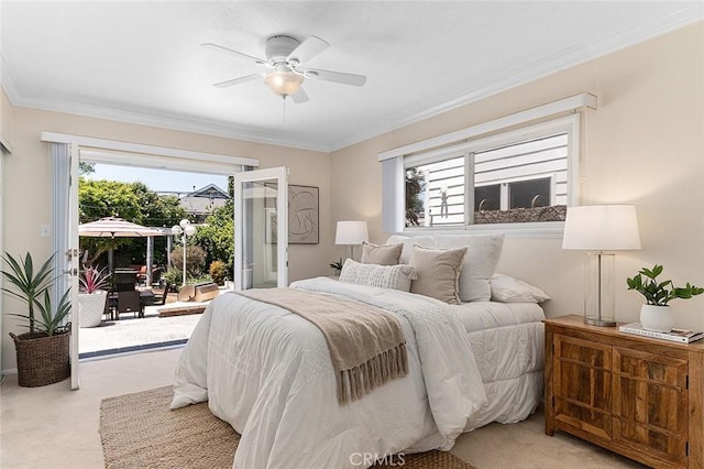 435 Orlena Ave, Long Beach, CA 90814 - bedroom featuring access to outside, light colored carpet, ornamental molding, and ceiling fan