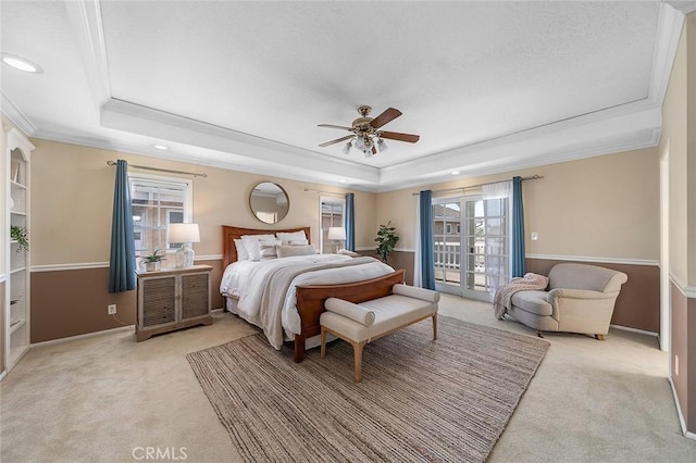 435 Orlena Ave, Long Beach, CA 90814 - bedroom with a tray ceiling, light colored carpet, access to exterior, crown molding, and recessed lighting