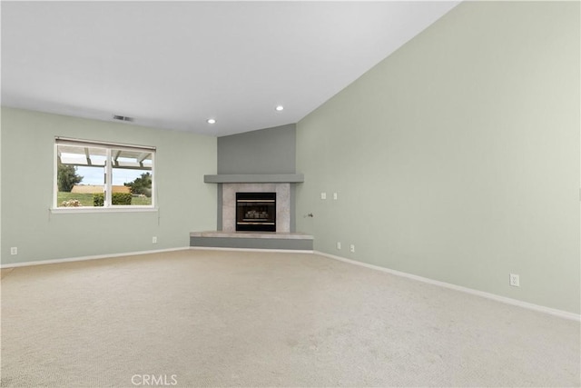917 Saint Ann, Paso Robles, CA 93446 - unfurnished living room with a fireplace, baseboards, carpet floors, and recessed lighting