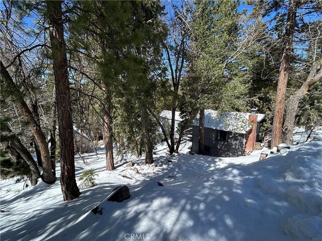 2484 Pine Dr, Running Springs, CA 92382 - snowy yard featuring an outdoor structure