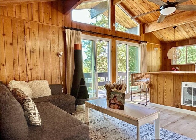 2484 Pine Dr, Running Springs, CA 92382 - living area featuring wooden walls, wood finished floors, heating unit, ceiling fan, and wood ceiling