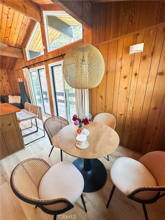 2484 Pine Dr, Running Springs, CA 92382 - dining space featuring wood walls and wood finished floors