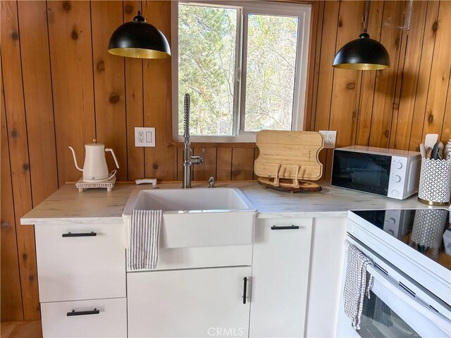 2484 Pine Dr, Running Springs, CA 92382 - kitchen with white appliances, healthy amount of natural light, wooden walls, a sink, and decorative light fixtures
