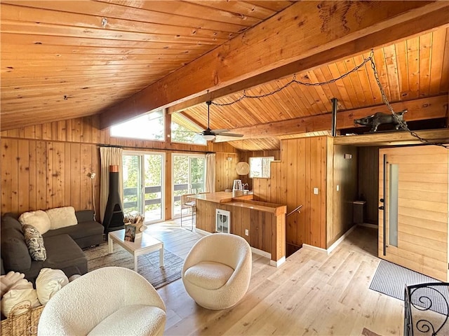 2484 Pine Dr, Running Springs, CA 92382 - living area with wood walls, wooden ceiling, and light wood-style flooring