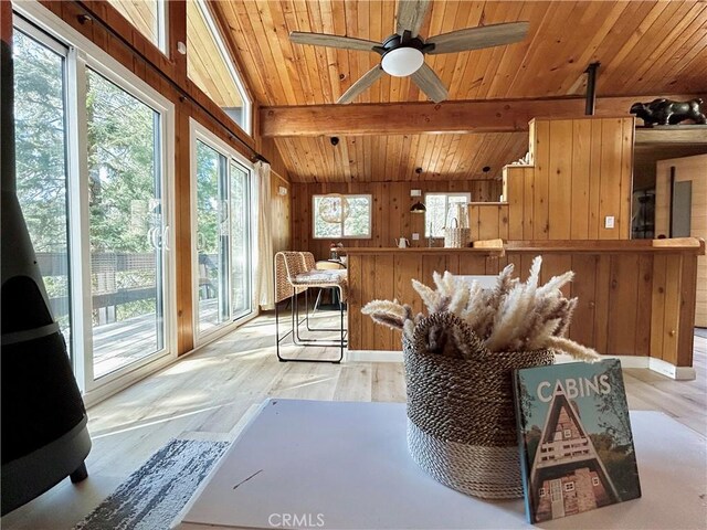 2484 Pine Dr, Running Springs, CA 92382 - living room featuring healthy amount of natural light, wood ceiling, wood walls, a ceiling fan, and light wood-type flooring