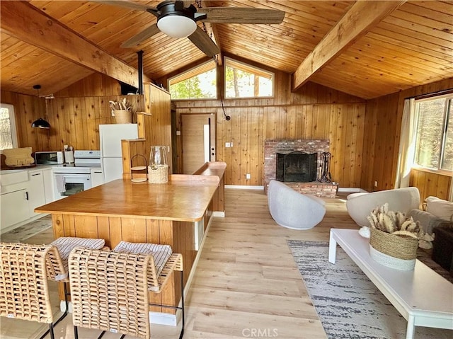 2484 Pine Dr, Running Springs, CA 92382 - living area with healthy amount of natural light, wood walls, a fireplace, a ceiling fan, and light wood-style floors