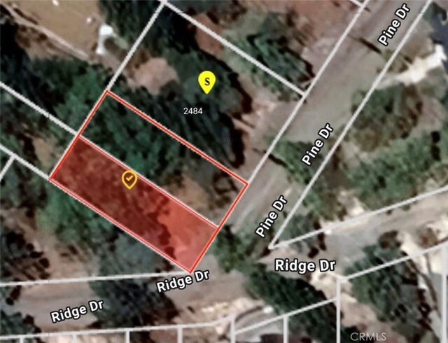 2484 Pine Dr, Running Springs, CA 92382 - aerial view of property's location with property parcel outlined