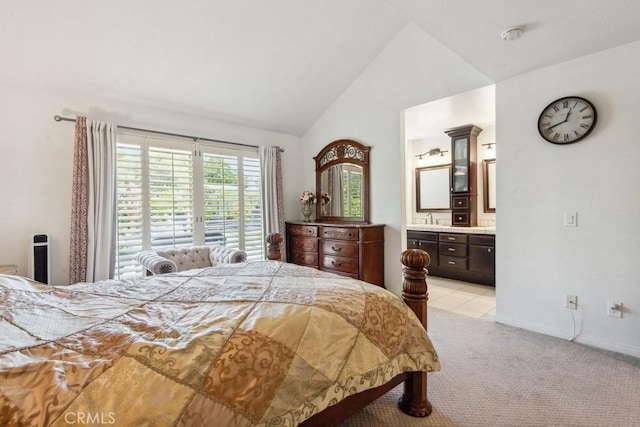 43650 Buckeye Rd, Temecula, CA 92592 - bedroom featuring a sink, light colored carpet, baseboards, high vaulted ceiling, and ensuite bath