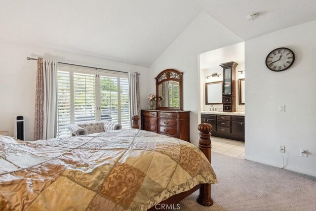 43650 Buckeye Rd, Temecula, CA 92592 - bedroom featuring light colored carpet, high vaulted ceiling, and ensuite bath