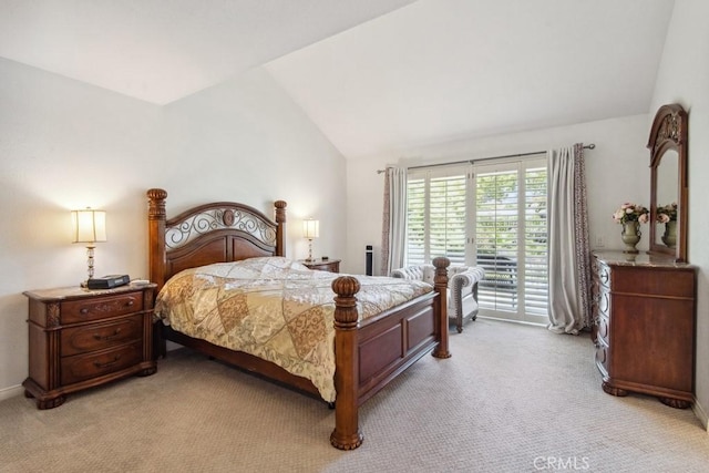 43650 Buckeye Rd, Temecula, CA 92592 - bedroom with vaulted ceiling, light carpet, and access to exterior