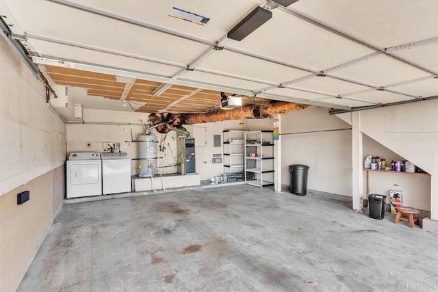 368 Travelodge Dr, El Cajon, CA 92020 - garage with washer and clothes dryer, strapped water heater, and a garage door opener