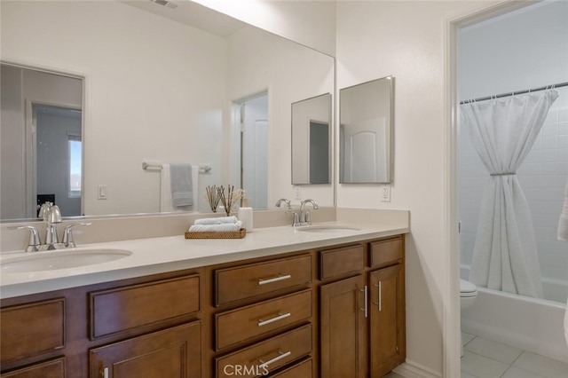 24923 Hearth Ct, Valencia, CA 91354 - bathroom with double vanity, shower / tub combo, tile patterned flooring, and toilet
