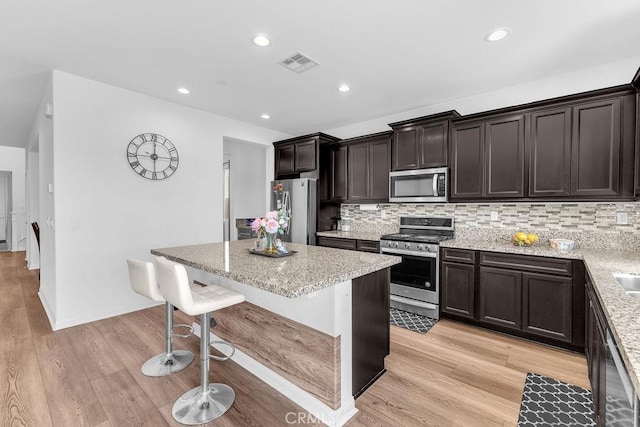 30536 Astoria Ln, Murrieta, CA 92563 - kitchen with appliances with stainless steel finishes, light wood-type flooring, backsplash, a kitchen island, and recessed lighting