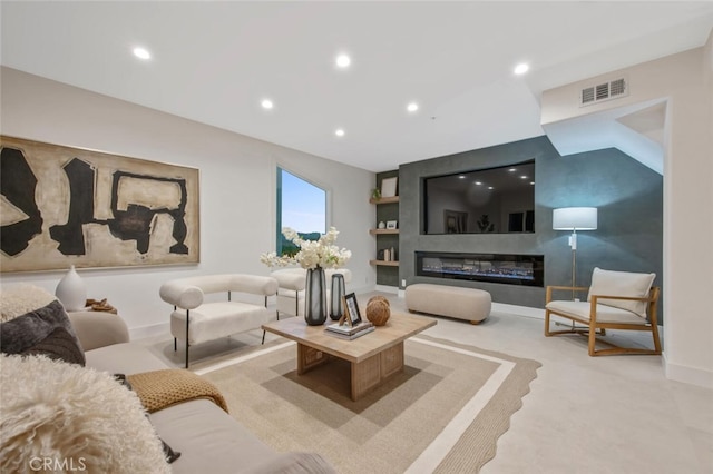 23835 Bella Vista Dr, Newhall, CA 91321 - living room featuring recessed lighting, a glass covered fireplace, and carpet flooring
