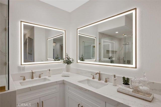 23835 Bella Vista Dr, Newhall, CA 91321 - bathroom featuring double vanity and a marble finish shower