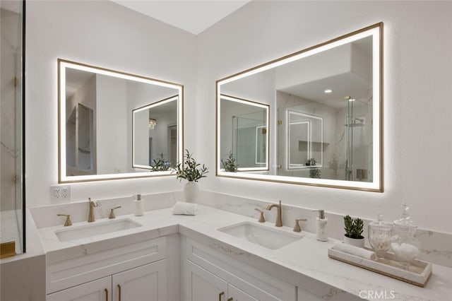 23835 Bella Vista Dr, Newhall, CA 91321 - full bathroom with double vanity and a marble finish shower