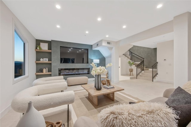 23835 Bella Vista Dr, Newhall, CA 91321 - living area featuring stairs, recessed lighting, built in shelves, and carpet floors