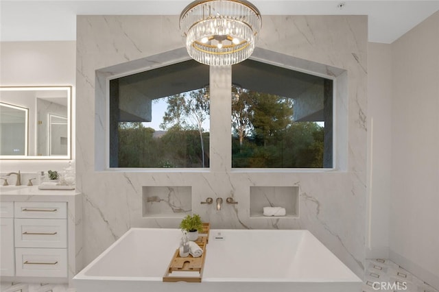 23835 Bella Vista Dr, Newhall, CA 91321 - bathroom featuring vanity, a freestanding bath, and a chandelier