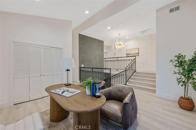 23835 Bella Vista Dr, Newhall, CA 91321 - living area with wood finished floors, a chandelier, recessed lighting, and an upstairs landing