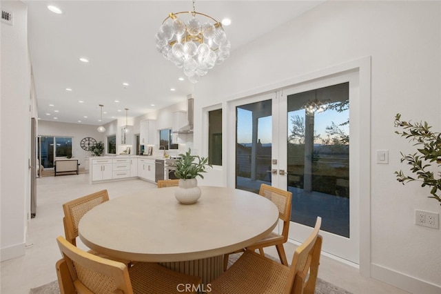 23835 Bella Vista Dr, Newhall, CA 91321 - dining area featuring a chandelier, french doors, and recessed lighting