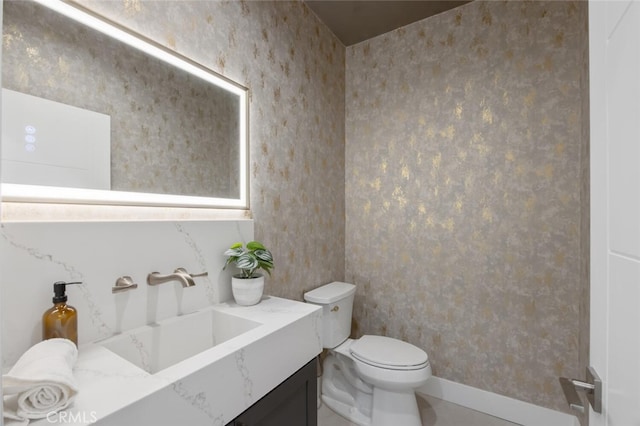 23835 Bella Vista Dr, Newhall, CA 91321 - half bath with wallpapered walls, vanity, and toilet