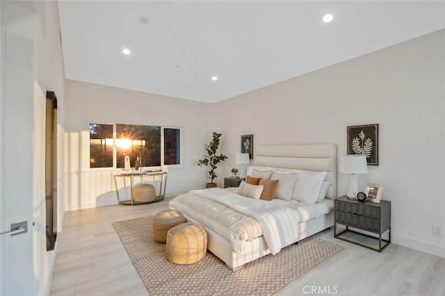 23835 Bella Vista Dr, Newhall, CA 91321 - bedroom featuring light wood-style floors, recessed lighting, baseboards, and high vaulted ceiling