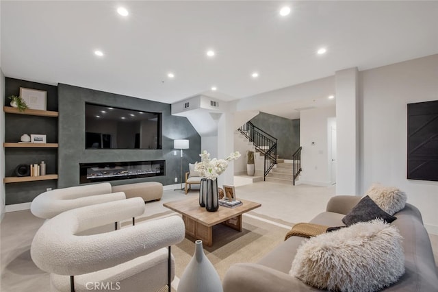 23835 Bella Vista Dr, Newhall, CA 91321 - carpeted living room with stairs, recessed lighting, and built in features