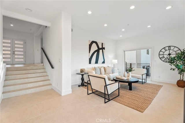 23835 Bella Vista Dr, Newhall, CA 91321 - living room with recessed lighting, stairs, and light tile patterned floors