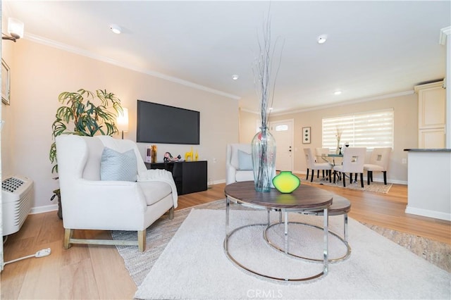 3438 Bahia Blanca W Unit B, Laguna Woods, CA 92637 - living area with light wood-type flooring, ornamental molding, baseboards, and recessed lighting