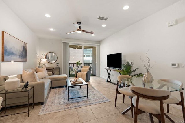 1225 Island Ave Unit 503, San Diego, CA 92101 - living area with a ceiling fan, light tile patterned flooring, recessed lighting, and baseboards