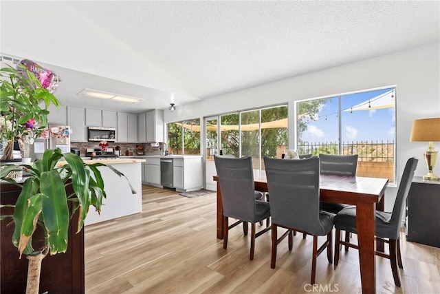 12518 Bernadette St, Pacoima, CA 91331 - dining room with light wood-style flooring, vaulted ceiling, and a textured ceiling