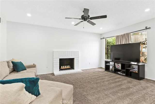 12518 Bernadette St, Pacoima, CA 91331 - living room featuring carpet, recessed lighting, a ceiling fan, and a fireplace