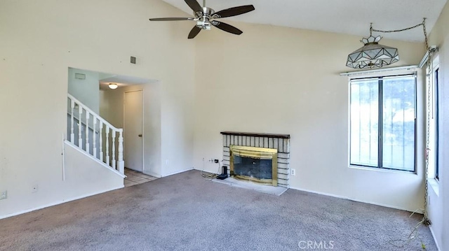 8471 Evergreen, Garden Grove, CA 92841 - unfurnished living room with carpet, ceiling fan, stairs, high vaulted ceiling, and a fireplace