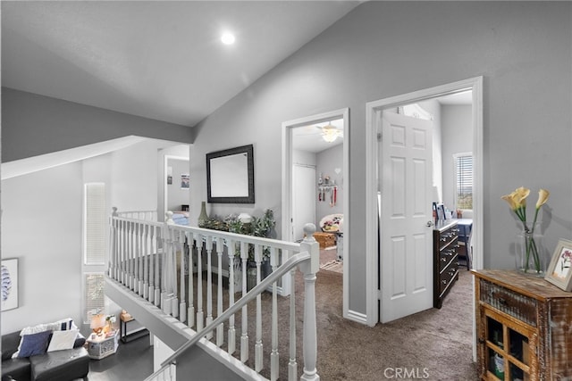 22565 Pecan Pl, Saugus, CA 91390 - hall with vaulted ceiling, an upstairs landing, and carpet floors