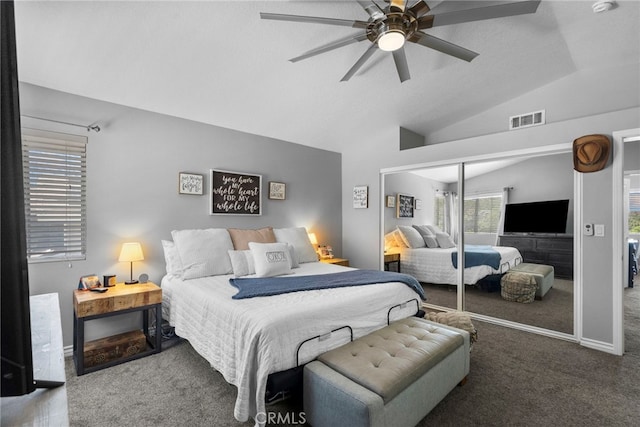 22565 Pecan Pl, Saugus, CA 91390 - bedroom featuring vaulted ceiling, carpet, a closet, and a ceiling fan